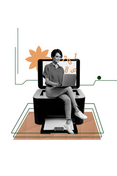 Vertical creative art collage of happy businesswoman type laptop count numbers sit printer office tool isolated on painting background