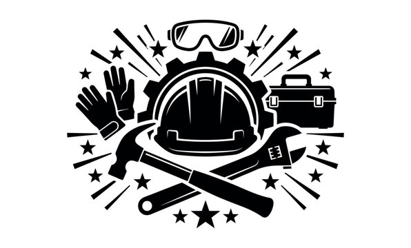 Black and white illustration of construction tools including a hard hat hammer wrench gloves and toolbox