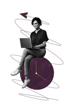 Vertical poster collage young woman freelancer time management schedule regime hour minute countdown paper airplane message communication