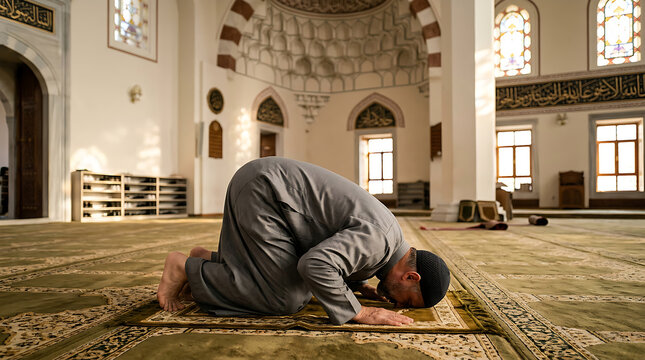 Man praying in a mosque during worship time.