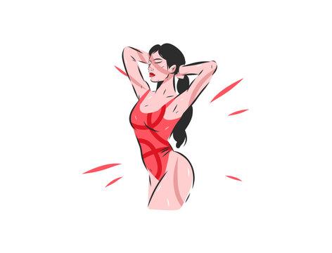 Confident Sensual Woman in Red Bodysuit Posing with Hands Behind Head, Feminine Beauty, Self Love, Body Confidence and Empowerment Fashion Vector Illustration