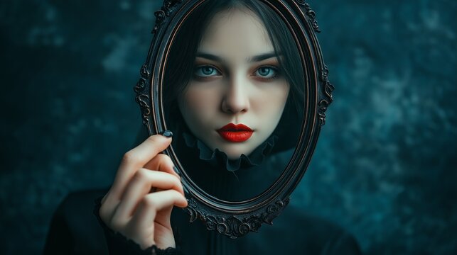 Gothic Woman Holding Vintage Mirror Reflecting Her Face for Self Perception, Identity, and Dark Romantic Mystery