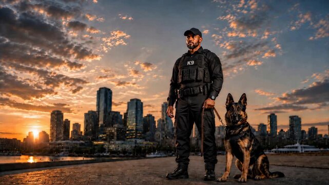 African American K9 officer standing with German shepherd dog at sunset city skyline, perfect for television commercials, public safety campaigns, and professional video production backgrounds