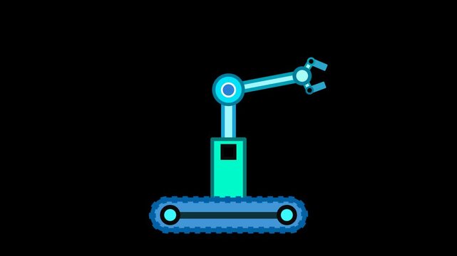 Cartoon Industrial robot arm factory automation animation with Alpha Channel transparent background loop 4K.