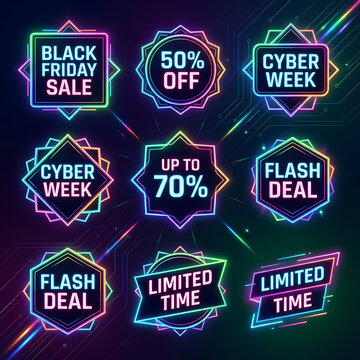 Neon sale badges and discount labels for black friday cyber week