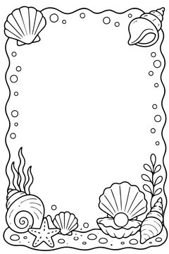 Sea shell frame illustration with ocean elements for children coloring book pages and creative design projects
