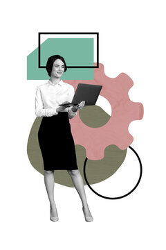 Art image vertical photo collage of happy businesswoman hold laptop gearwheel icon settings progress development it specialist