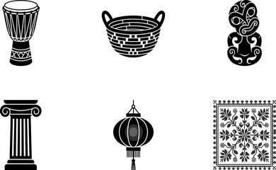 Naklejka premium World Culture Heritage Icon Set Featuring Traditional Drum Basket Sculpture Classical Column Lantern and Ornamental Folk Textile Symbols for Travel Tourism Designs