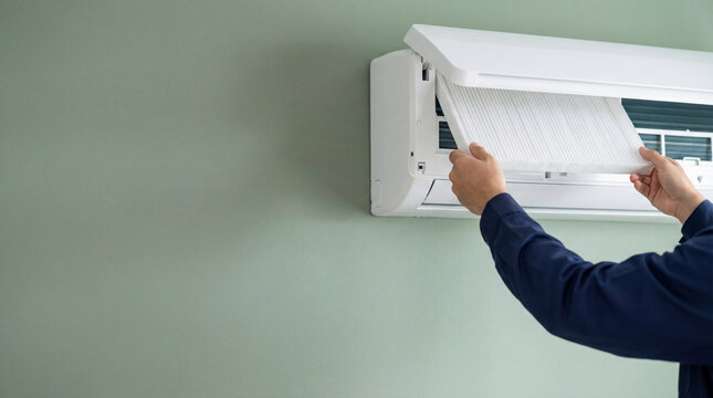 Technician replacing filter in air conditioner. Man performing maintenance on cooling system. Professional HVAC service for climate control at home. Repair and indoor air cleaning concept.
