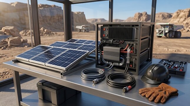 Portable renewable microgrid power equipment with mini solar panels, lithium battery rack, inverters, cables, and hard hat for remote mining operations