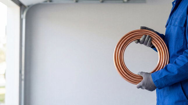 Technician holding copper pipe coil for air conditioner installation. Repairman in uniform performing hvac maintenance. Professional climate control system service and construction work.