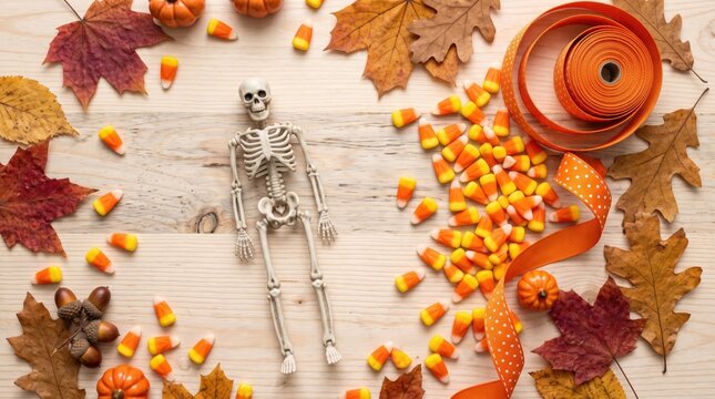 A Halloween-themed arrangement with a small skeleton, candy corn, autumn leaves, mini pumpkins, acorns, and an orange ribbon on a wooden surface.