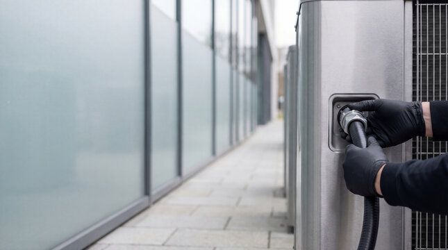 Technician connecting cable to industrial air conditioner unit. Professional HVAC installer maintaining modern outdoor cooling system. Maintenance service for climate control technology equipment.