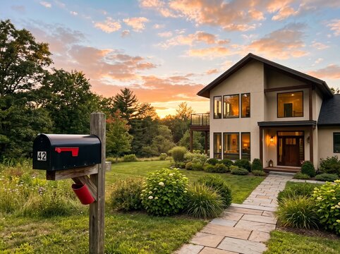 Black mailbox on a wooden post in front of a modern two-story suburban home at golden hour.