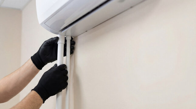 Technician installing air conditioner unit on indoor wall. Professional repairman in work gloves fixing cooling system pipe. Climate control maintenance and construction service concept.