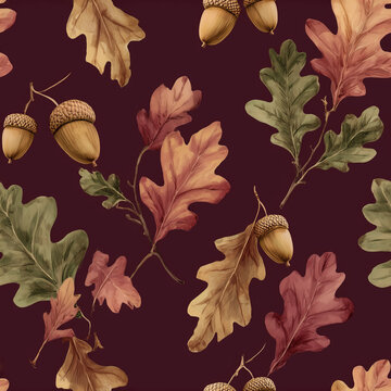 Seamless pattern with oak leaves and acorns. Burgundy background