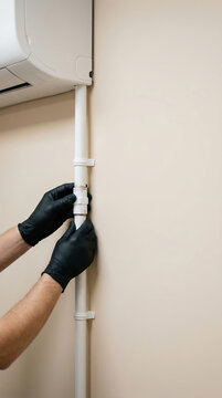 Technician installing pipe of air conditioner on wall inside house. Worker in black glove securing refrigerant line for climate control system. Maintenance and repair service concept.