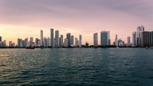 Wide Cartagena skyline across the bay at dusk
