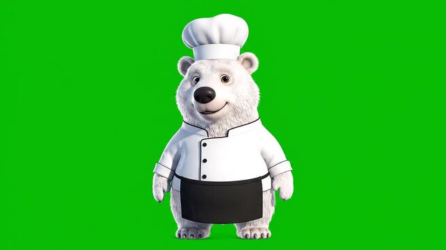 Cute 3D Cartoon Bear Chef Character on Green Screen Chroma Key