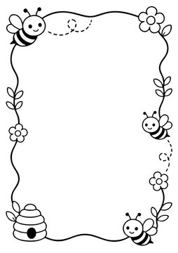 Bee frame border design featuring cute insects flowers and a beehive for kids coloring page