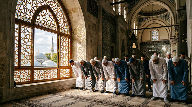 Muslim men praying in a historic mosque interior.