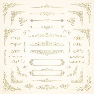 Elegant Gold Vintage Flourish Ornament Set with Decorative Borders Corners and Dividers Vector Collection