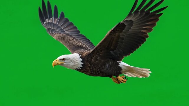 Majestic American Bald Eagle Flying in Slow Motion Isolated on Chroma Key Green Screen