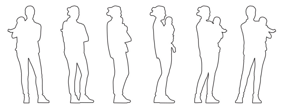 Vector concept conceptual black silhouette of a woman baby in her arms from different perspectives isolated on white background. A metaphor for motherhood, love and care, family, and lifestyle