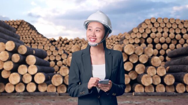 Front View of Asian Businesswoman Use Smartphone While Walking and Looking Around with Stacked timber logs pile at outdoor lumber yard
