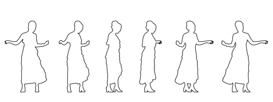 Vector concept conceptual black silhouette of a woman in a dress dancing  from different perspectives isolated on white. A metaphor for expression, relaxation, leisure and lifestyle