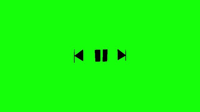Animated Play and Pause Control Buttons on Green Screen, Black Media Icons for Video Editing, Streaming, Multimedia and Chroma Key Compositing