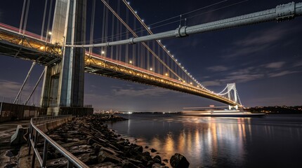 Fototapeta premium Illuminated Suspension Bridge Spanning Waterway at Night with City Lights.