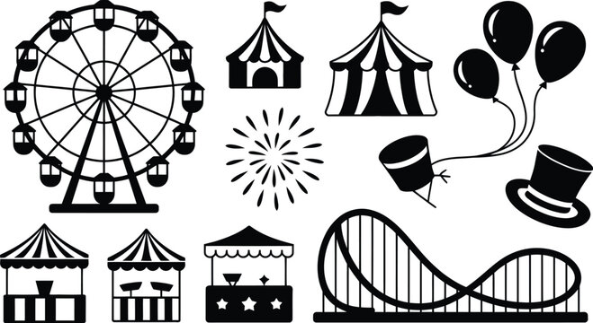 Carnival theme park silhouettes set with big top circus tents Ferris wheel roller coaster magician hat and popcorn vector illustration design.