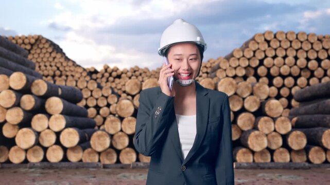 Front View of Asian Businesswoman Talking On Smartphone While Walking with Stacked timber logs pile at outdoor lumber yard