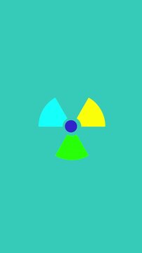 Abstract circular radioactive symbol rotating on solid turquoise background motion graphic.