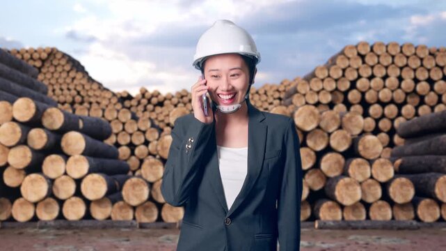 Front View of Asian Businesswoman Talking On Smartphone While Walking and Celebrating with Stacked timber logs pile at outdoor lumber yard