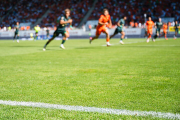 Fototapeta premium Professional soccer field with green grass and blurred stadium crowd under bright floodlights, creating a dynamic background for football and sports concepts.