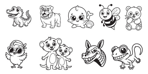 Obraz premium Cute Animal Doodle Coloring Collection with Puppy Cat Bunny Bear Elephant Crocodile and Cartoon Characters