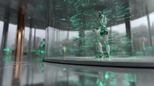 robot meditating within a circle of floating holographic symbols, futuristic artificial intelligence enlightenment concept