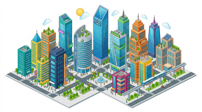 isometric modern smart city skyscraper skyline vector, future urban architecture landscape, business district development, smart city infrastructure concept, transparent background