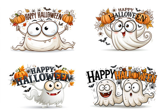 A cute ghost with Happy Halloween text, pumpkins, and a spider on a white background. Flat design illustration.