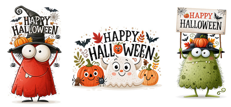 A cute ghost with Happy Halloween text, pumpkins, and a spider on a white background. Flat design illustration.