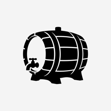 Traditional black wooden barrel silhouette with tap element and stands serves as classic vector emblem design for brewery brands bar menus and wine labels.