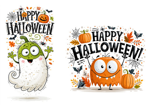 A cute ghost with Happy Halloween text, pumpkins, and a spider on a white background. Flat design illustration.