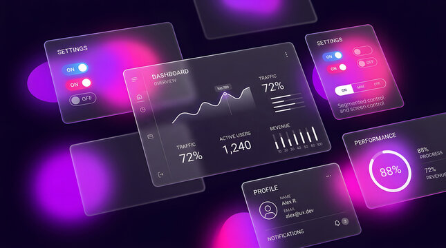 Futuristic holographic dashboards, glowing purple user interface windows, floating data analytics and statistics display, neon digital HUD elements, cybernetic technology concept