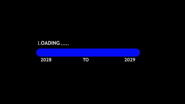 Loading progress bar showing transition from year 2028 to 2029 on black background