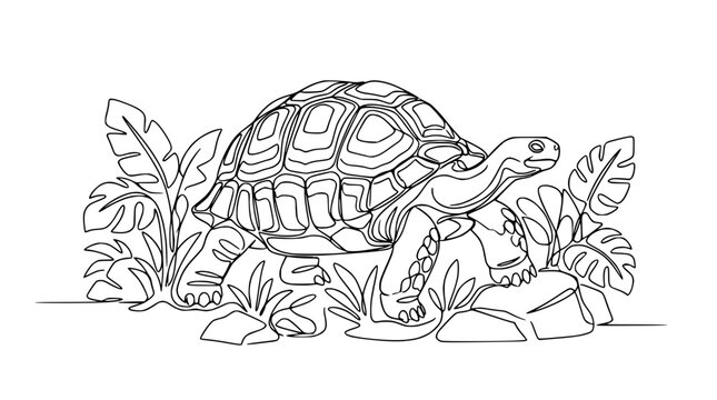 Continuous line drawing of a tortoise among rocks and tropical leaves, isolated.