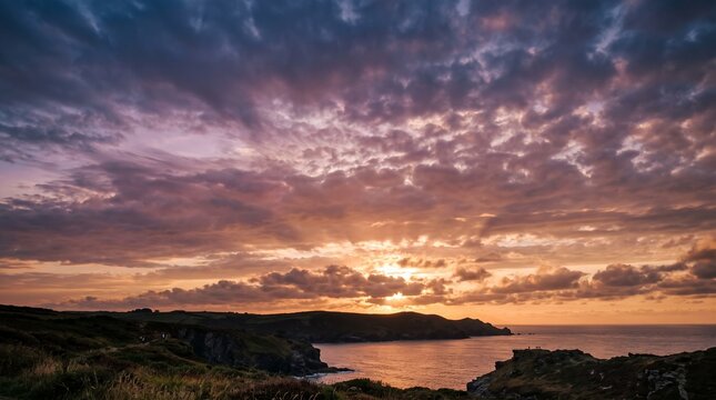 Dramatic Sunset Sky with Purple Clouds and Golden Light