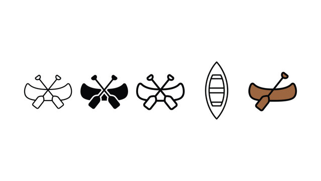 Set of flat line and solid style icons featuring canoes and paddles for outdoor recreation and water sport design projects