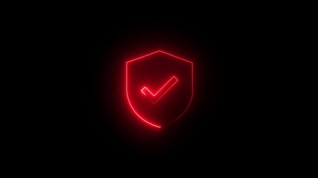 Glowing red neon shield icon with check mark symbol for digital security and data protection